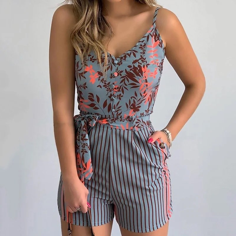 Tropical Print Jumpsuit Casual Slim Short Sleeve VNeck Rompers