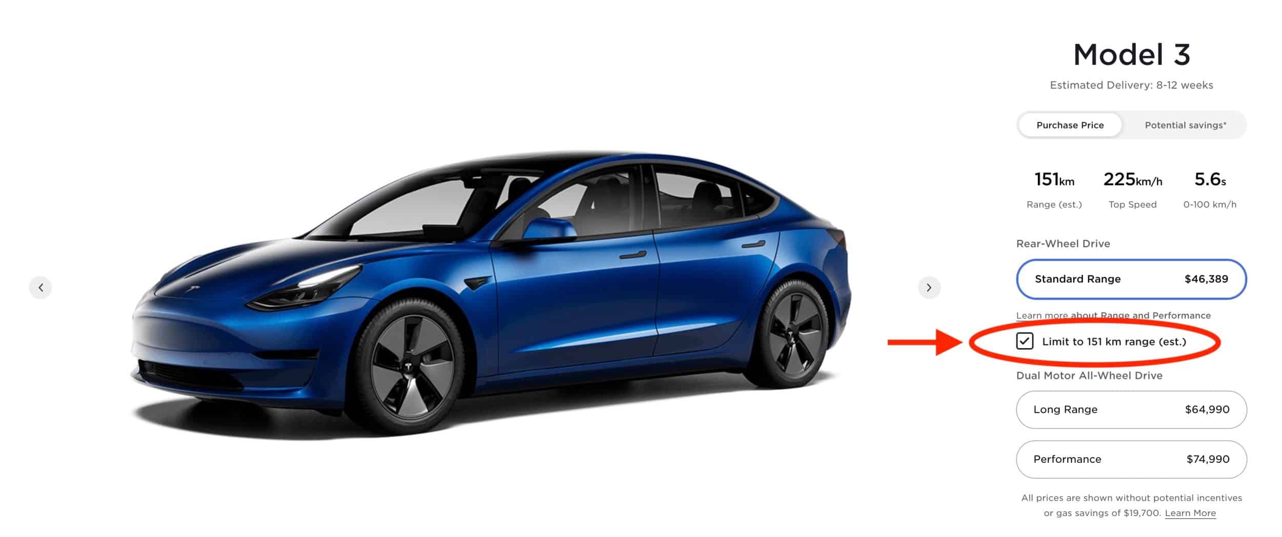 Tesla starts advertising Model 3 with 93 miles of range on its website