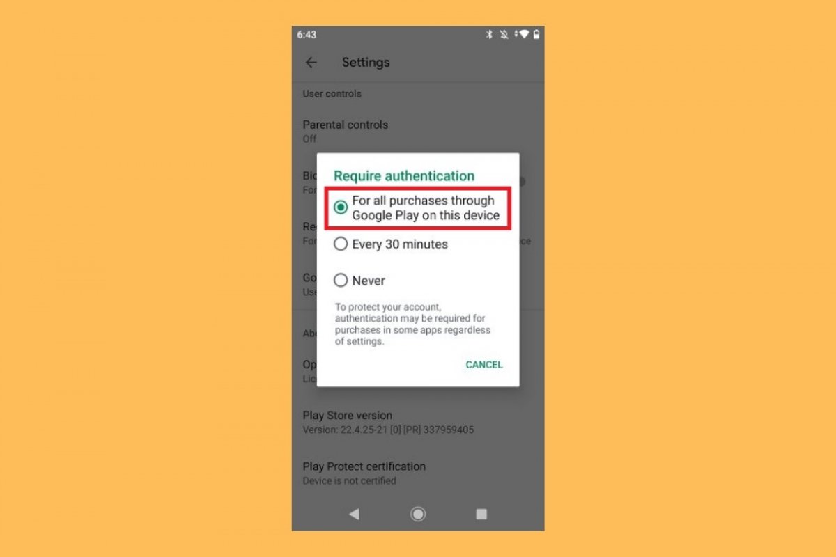 How to enable purchase authentication in Google Play