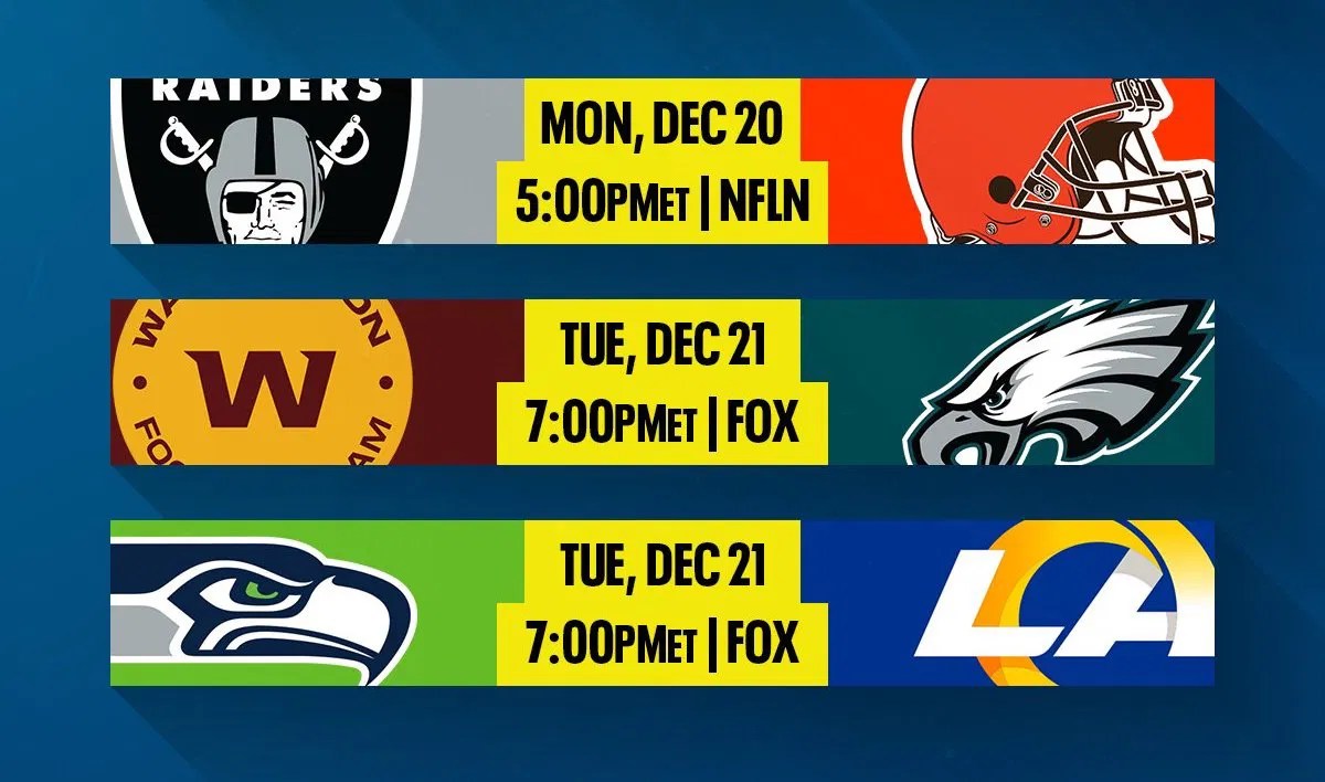 NFL Announces Schedule Changes for Week 15; Sunday Night Football