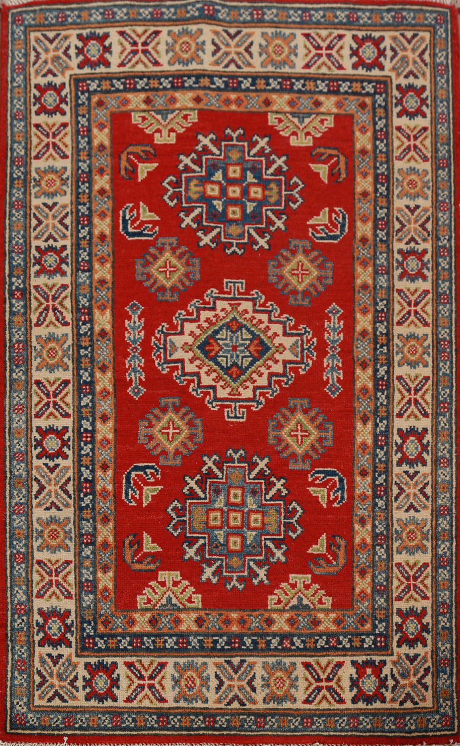 Red Geometric Kazak Handmade Wool Accent Rug 3x4