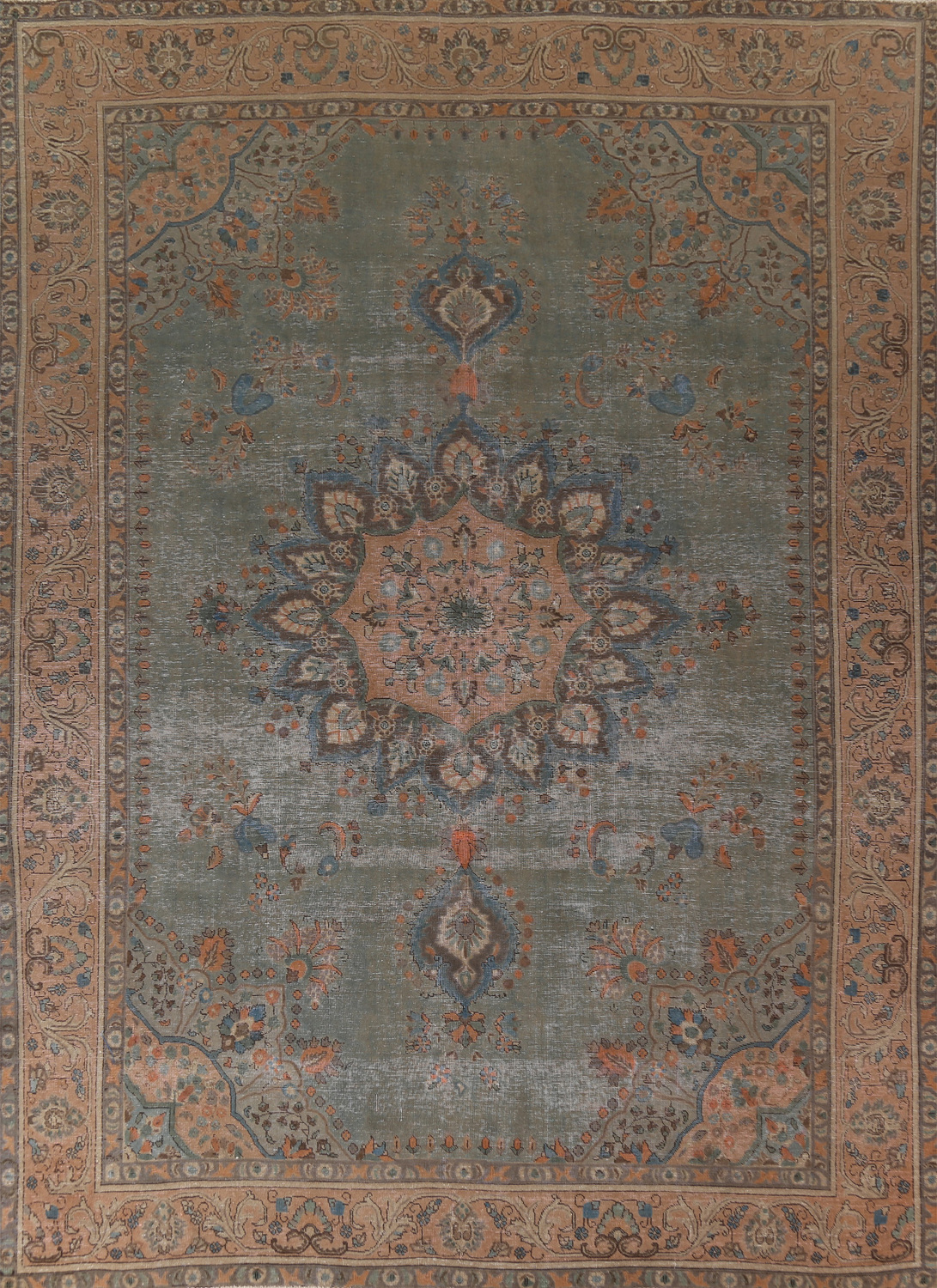 Vintage Green Tabriz Persian Area Rug 10x13