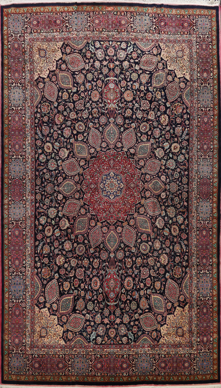 Navy Blue Floral Mashad Persian Large Rug 11x15
