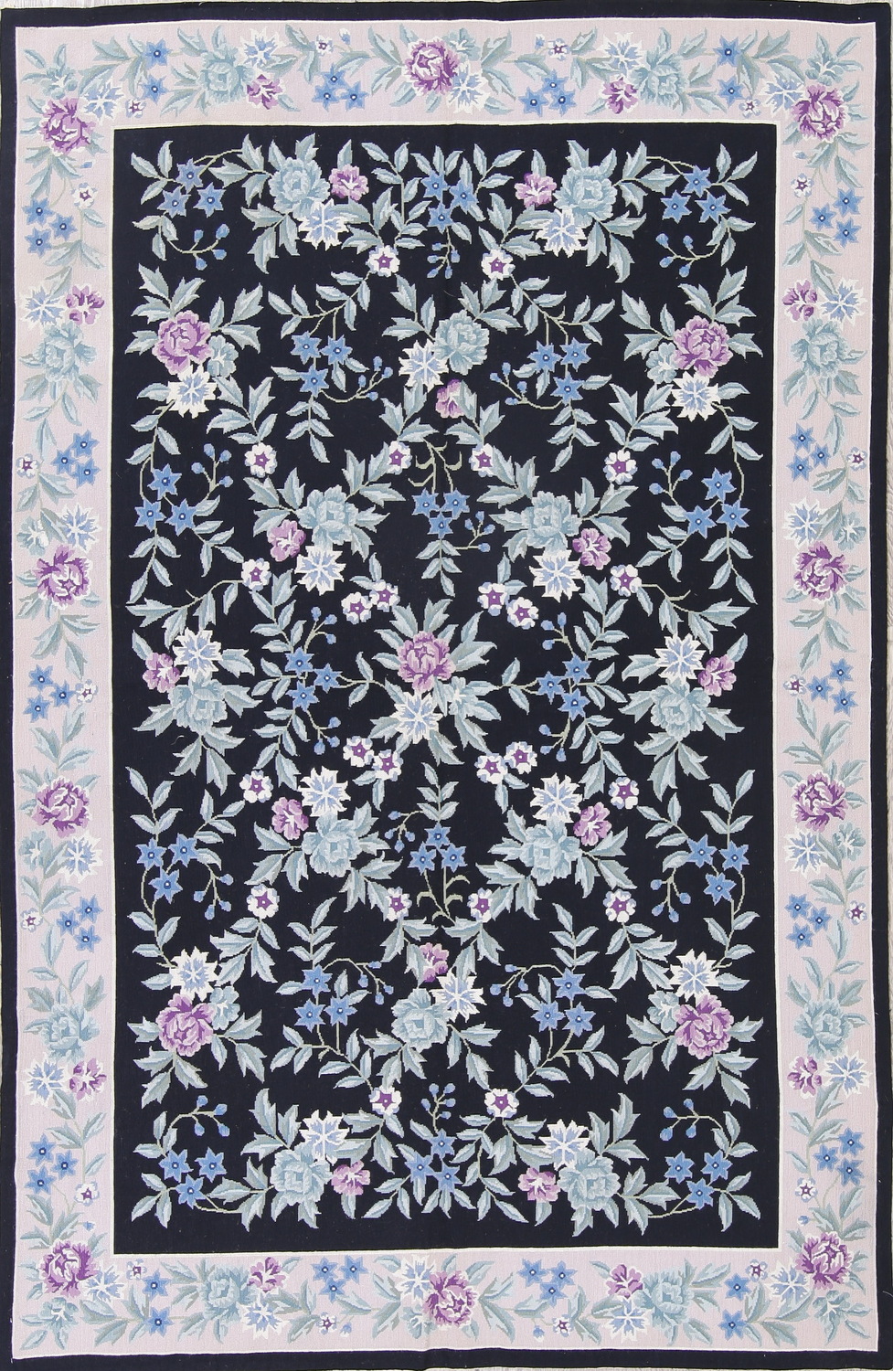 Floral Navy Blue Aubusson Chinese Oriental Area Rug Wool 6x9