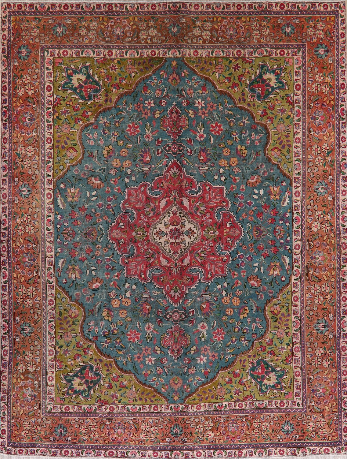 Antique Teal Tabriz Persian Wool Area Rug 10x13