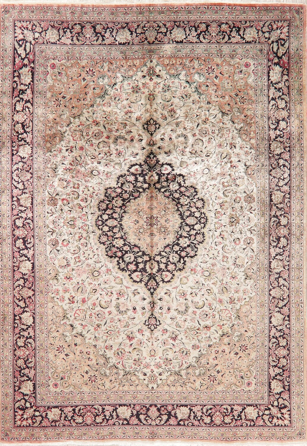 Vintage Ivory Floral Qum Persian Silk Area Rug 7x10