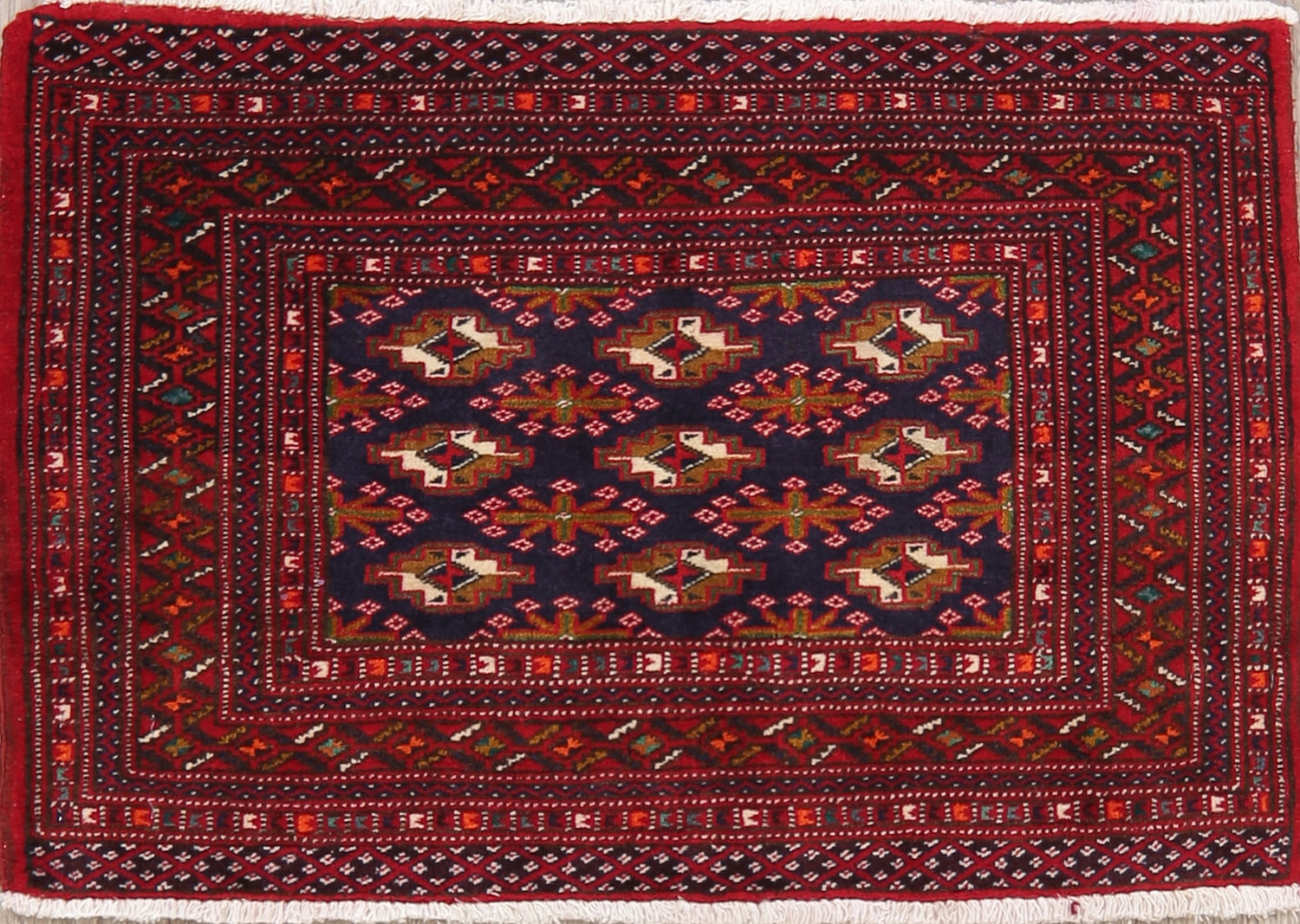 Geometric Navy Blue Bokhara Oriental Wool Rug 2x3