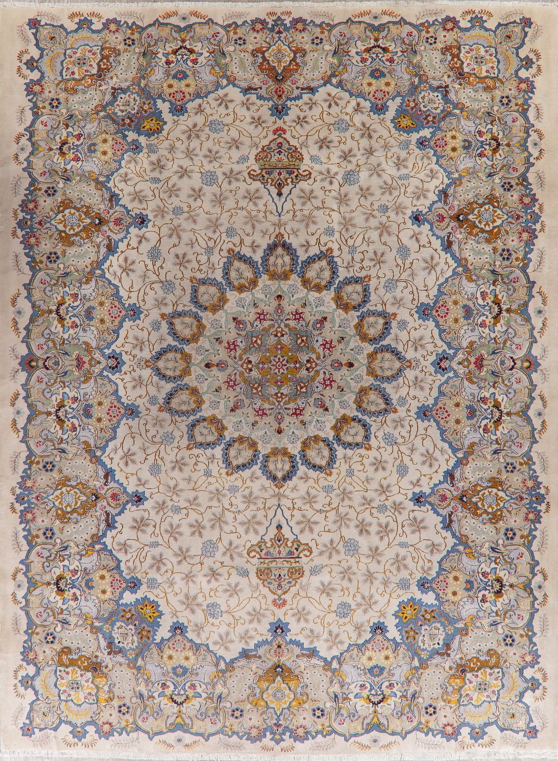 Large Vintage Ivory Kashan Persian Area Rug 11x14