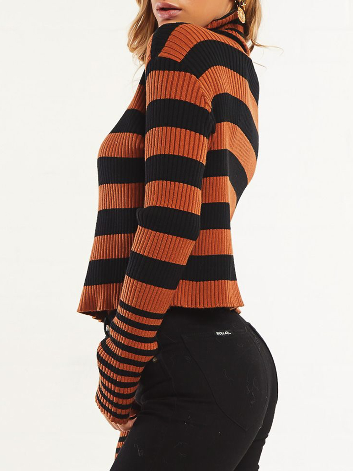 Brown Stripe High Neck Long Sleeve Sweater Choies