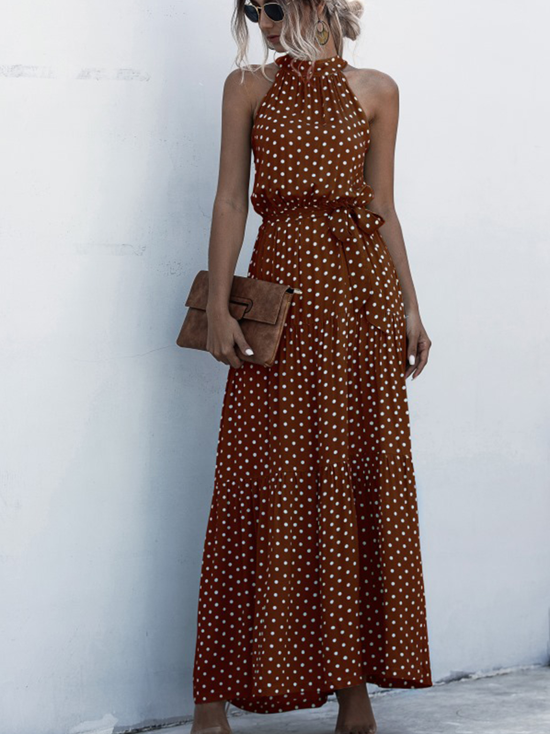 Brown Floral Print Sleeveless Maxi Dress Choies