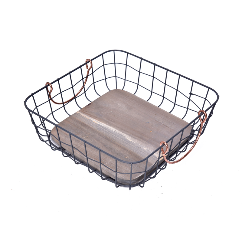 Metal Wire Storage Baskets With Natural Wood Base, Kitchen Organizers