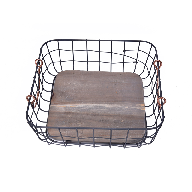 Metal Wire Storage Baskets With Natural Wood Base, Kitchen Organizers