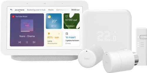 Tado Slimme Thermostaat V3+ Startpakket + 2 Radiatorknoppen + Google Nest Hub 2 Chalk - Coolblue - Voor 23.59U, Morgen In Huis