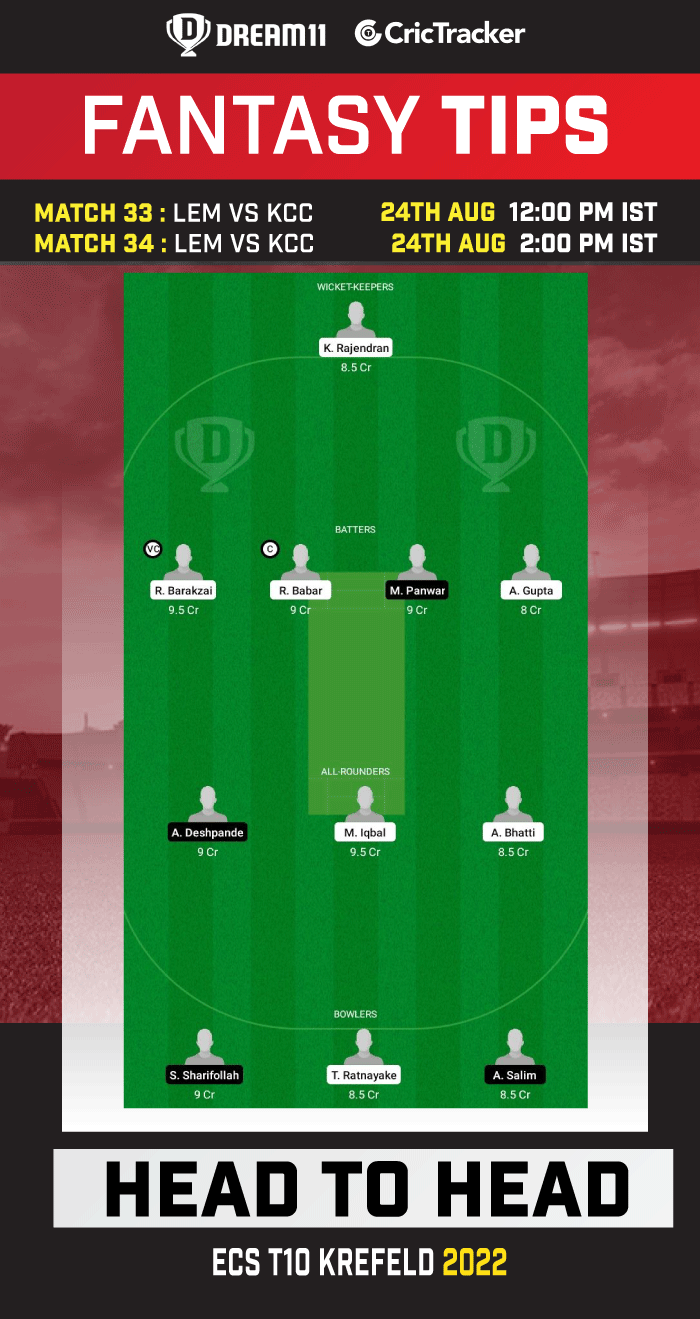 Today match team ECS Krefeld 2022, Match 33 and 34 LEM vs KCC Dream11 Prediction, Fantasy