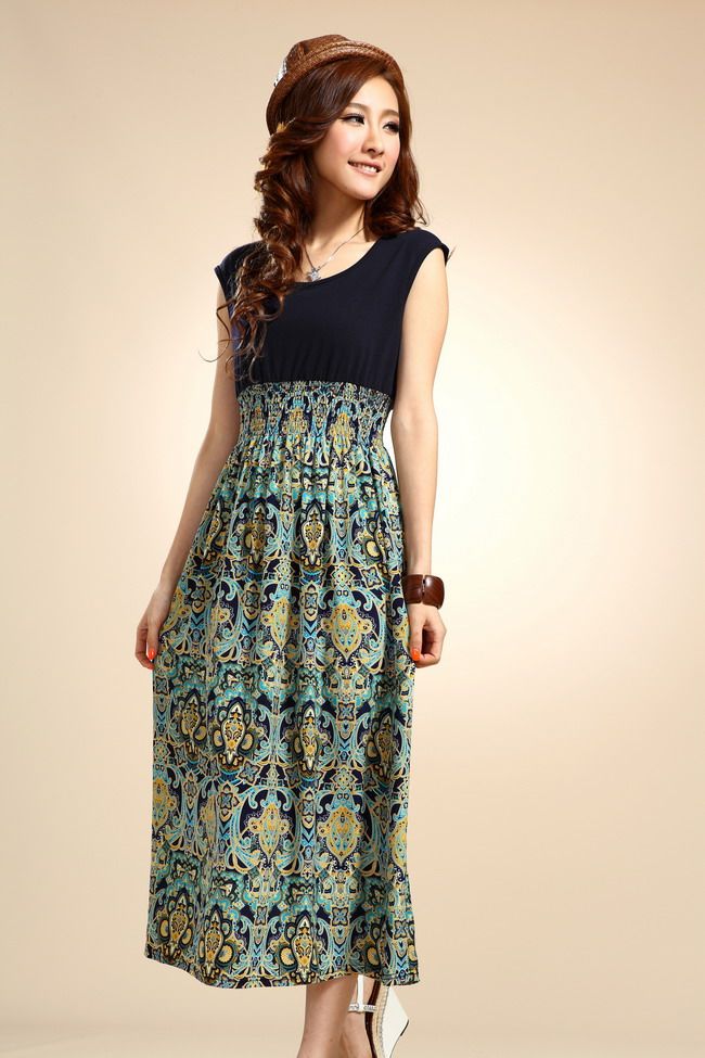 Women Casual Dress Fashion 2014 Summer Long Dress New Women Dress Thin Stitching Chiffon Dress