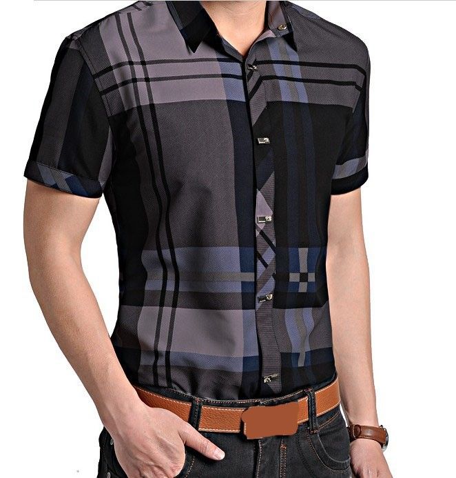 MXXXL 2014 Summer Men Short Sleeve Lapel Plaid Shirts Men's Casual