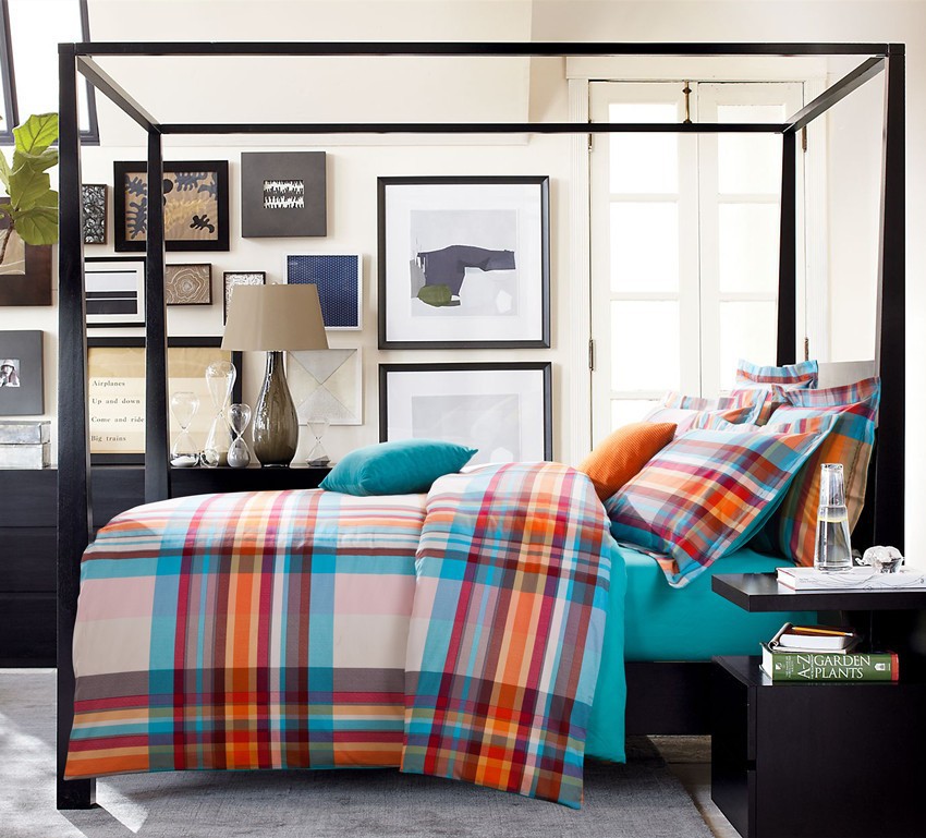 Blue Orange Stripes Grid Pattern Duvet Cover Sanding Cotton Mens