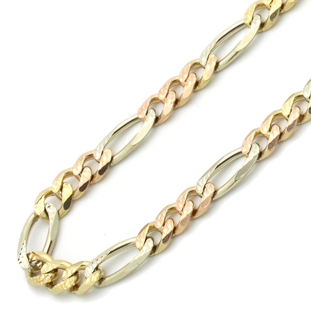 Men Women 14K Tricolor Gold Chain 5mm Concaved Pave Figaro Chain