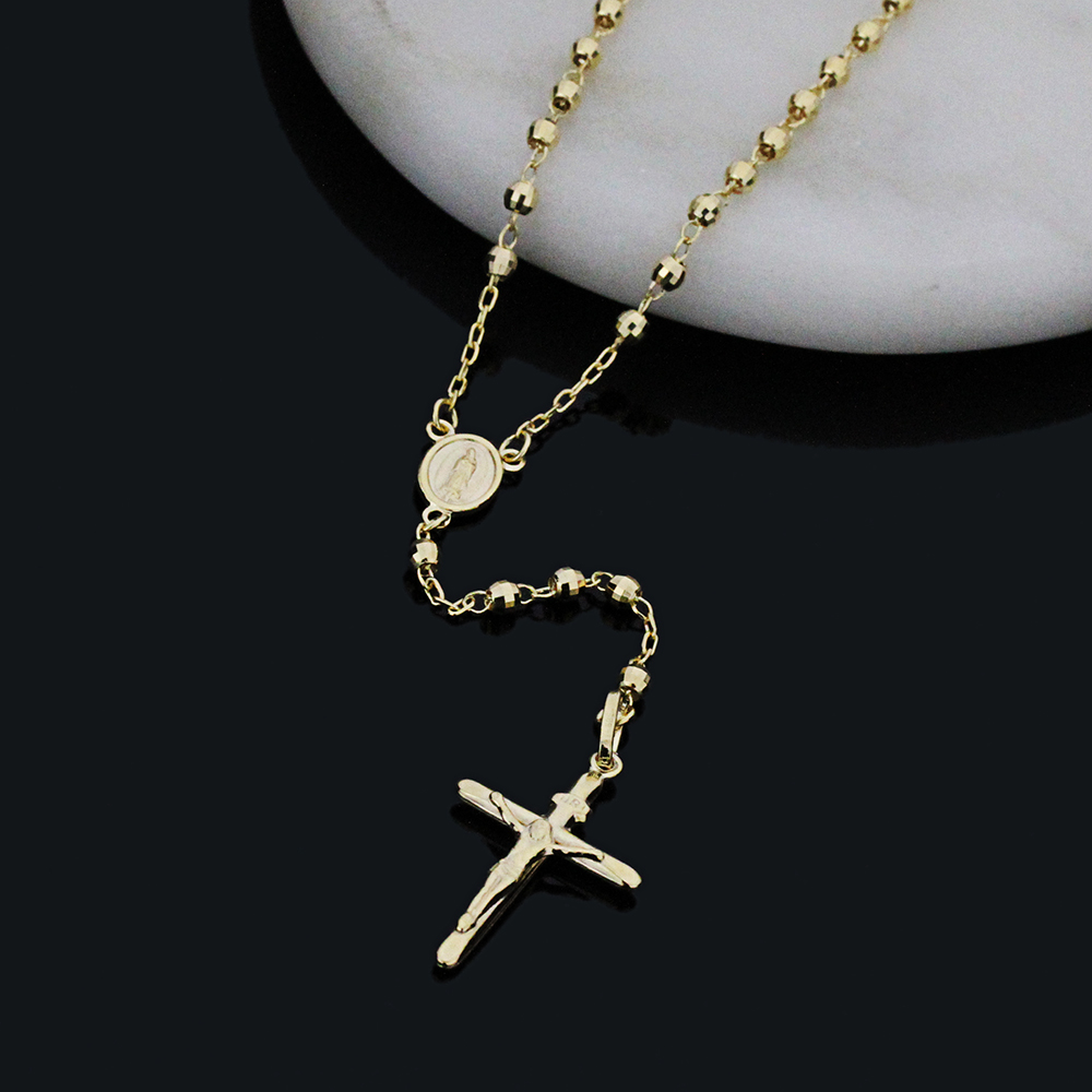 Women 14K Yellow Gold Rosary Necklace 5mm DC Bead Rosary Chain Necklace
