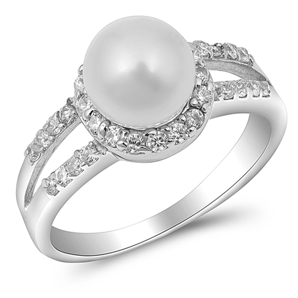 Women Sterling Silver CZ Two Row Band Freshwater Cultured Pearl Ring