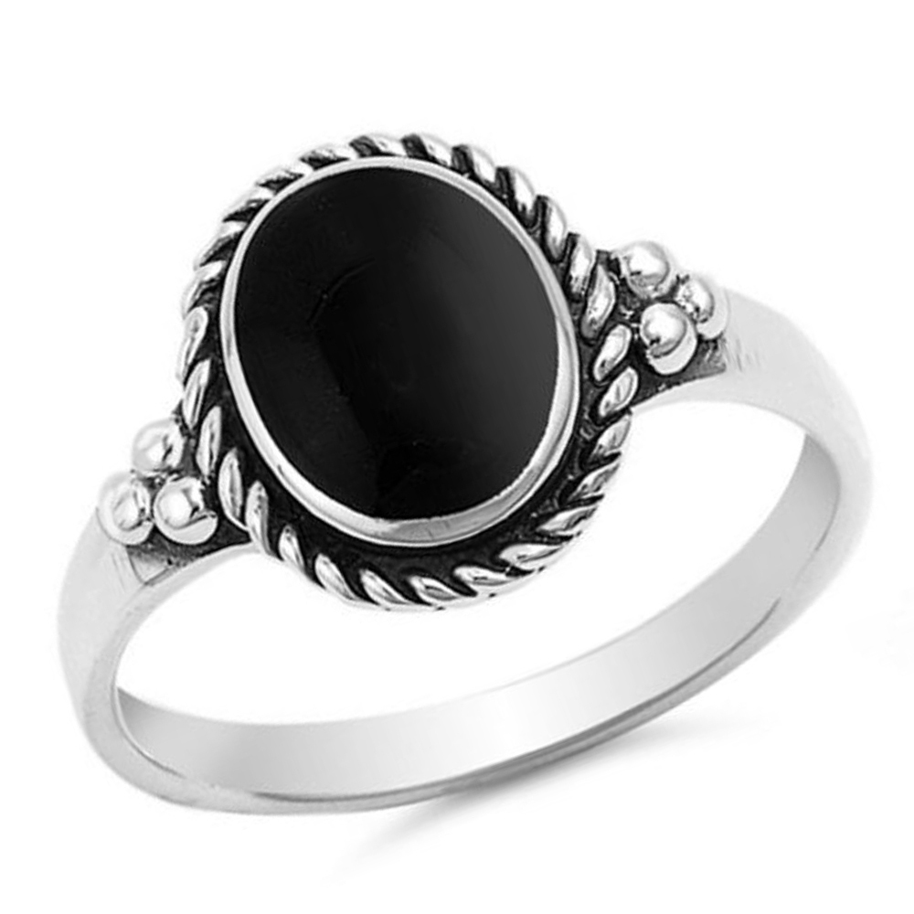 Women 12mm 925 Sterling Silver Simulated Black Onyx Vintage Ladies Ring