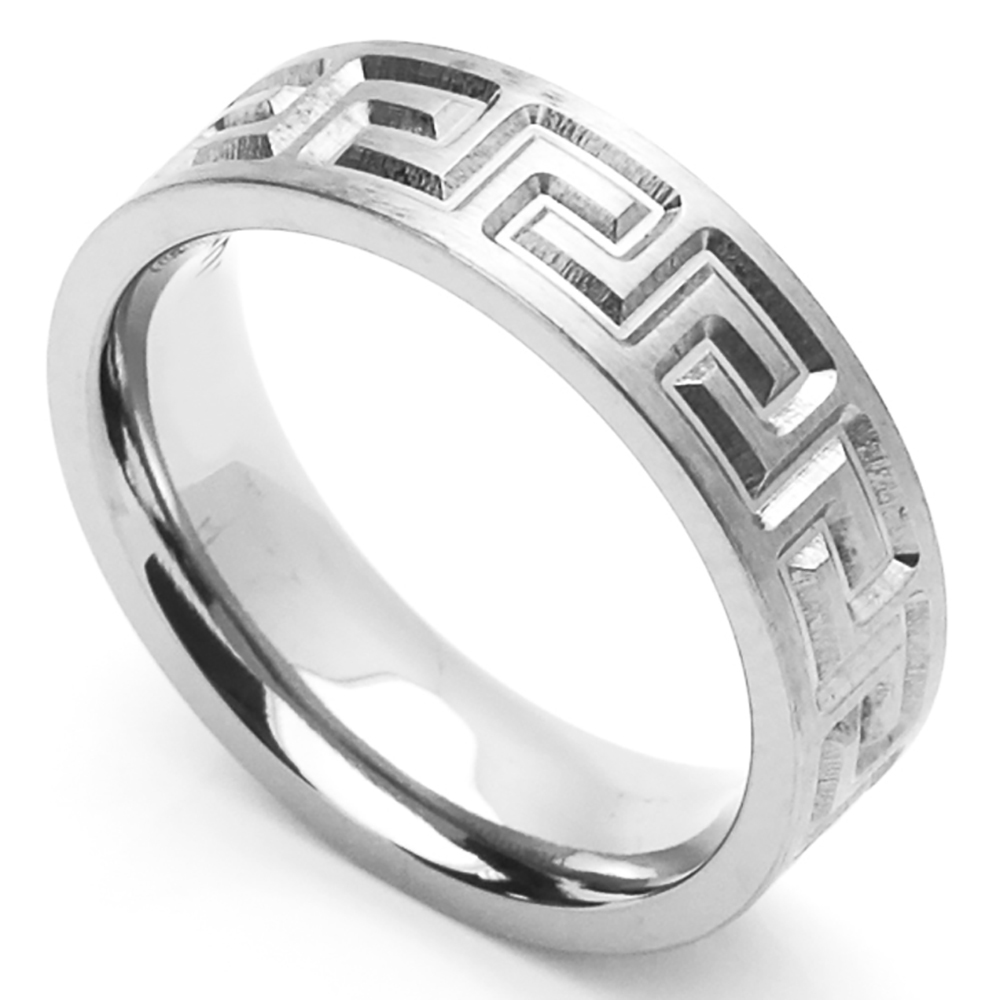Men Fashion 6MM Comfort Fit Stainless Steel Wedding Band Greek Key Ring
