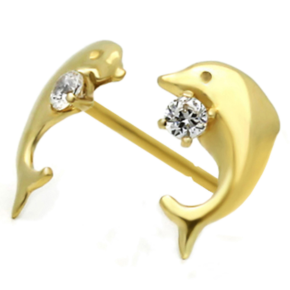 14K Yellow Gold Dolphin Screwback Stud Earrings