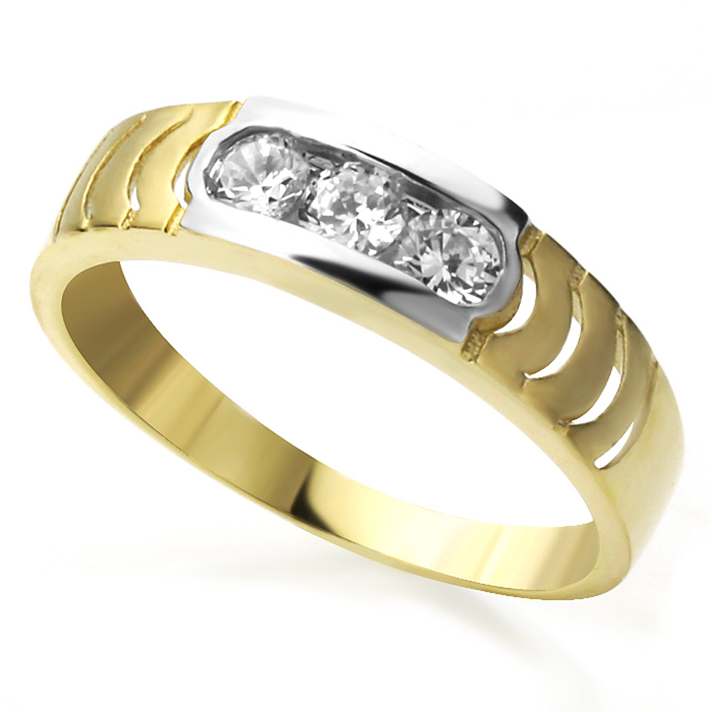 Men 14K White and Yellow Gold Two Tone CZ Three Stone Wedding Band Ring