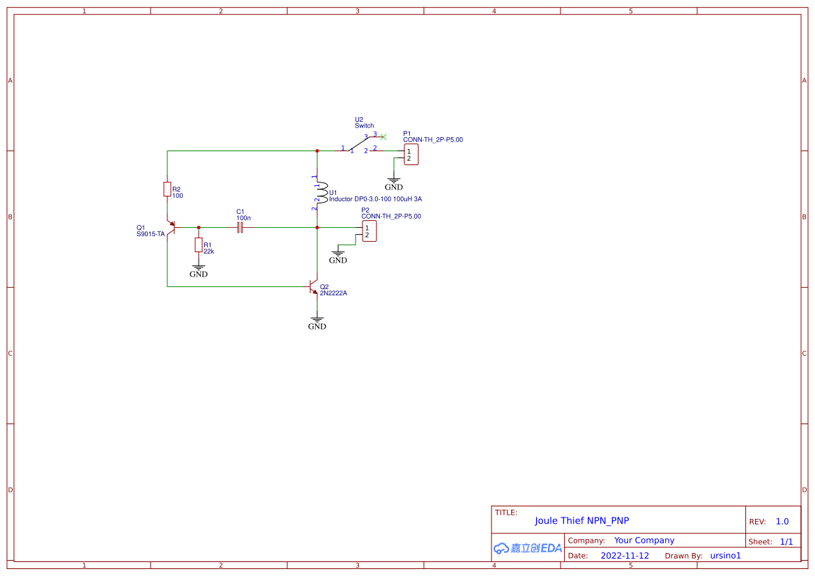 Joule Thief Circuit NPN_PNP EasyEDA open source hardware lab