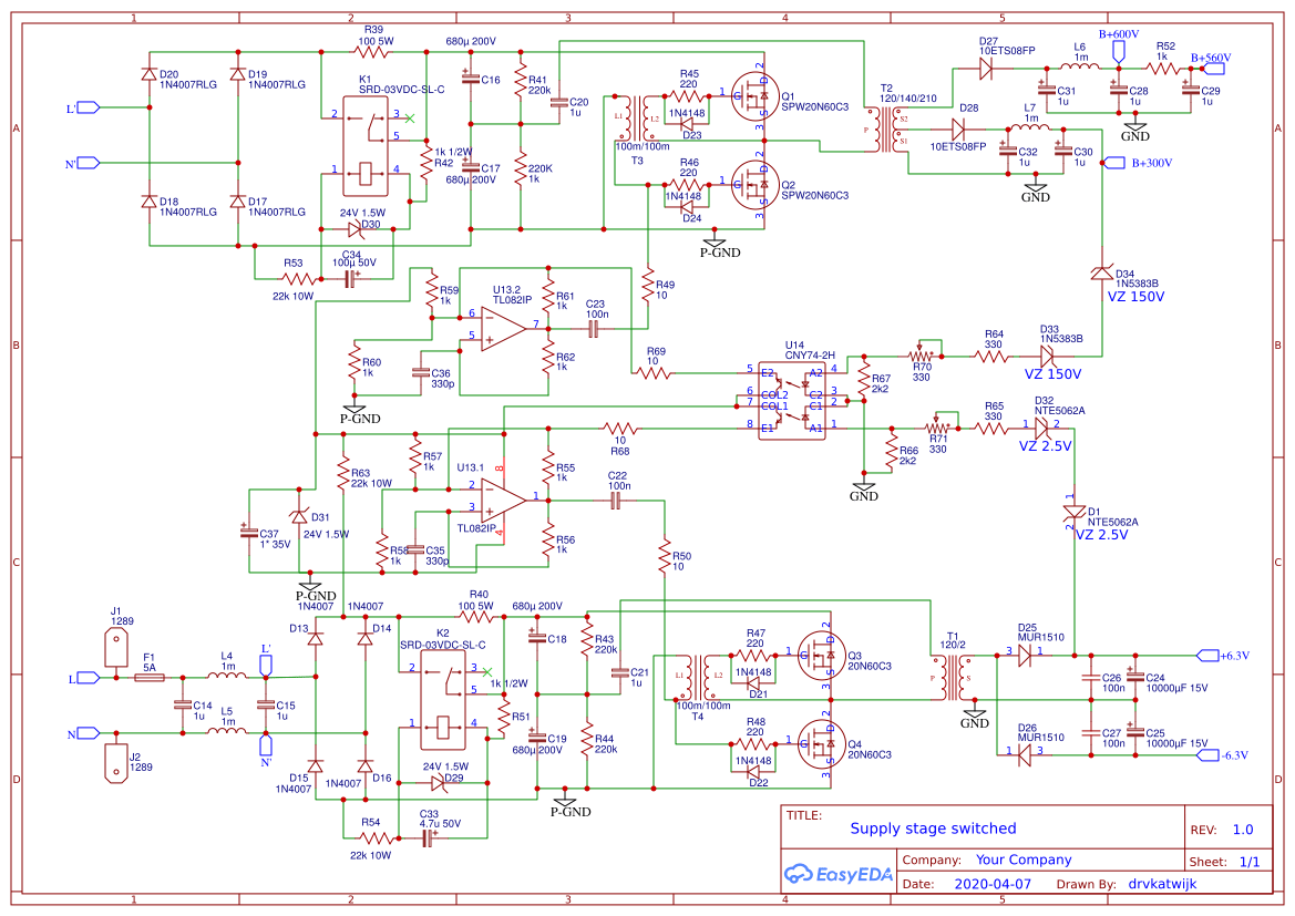 Tube Amp 200W EL34 H bridge Power Supply circuit - EasyEDA open source