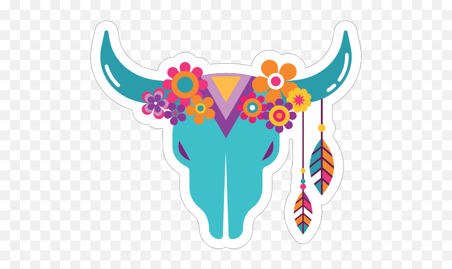 Blue Skull With Feathers And Flowers Hippie Sticker Illustration