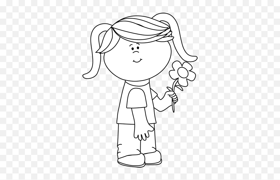Girl Holding A Flower Clipart Black And White Clip Art Girl Black And