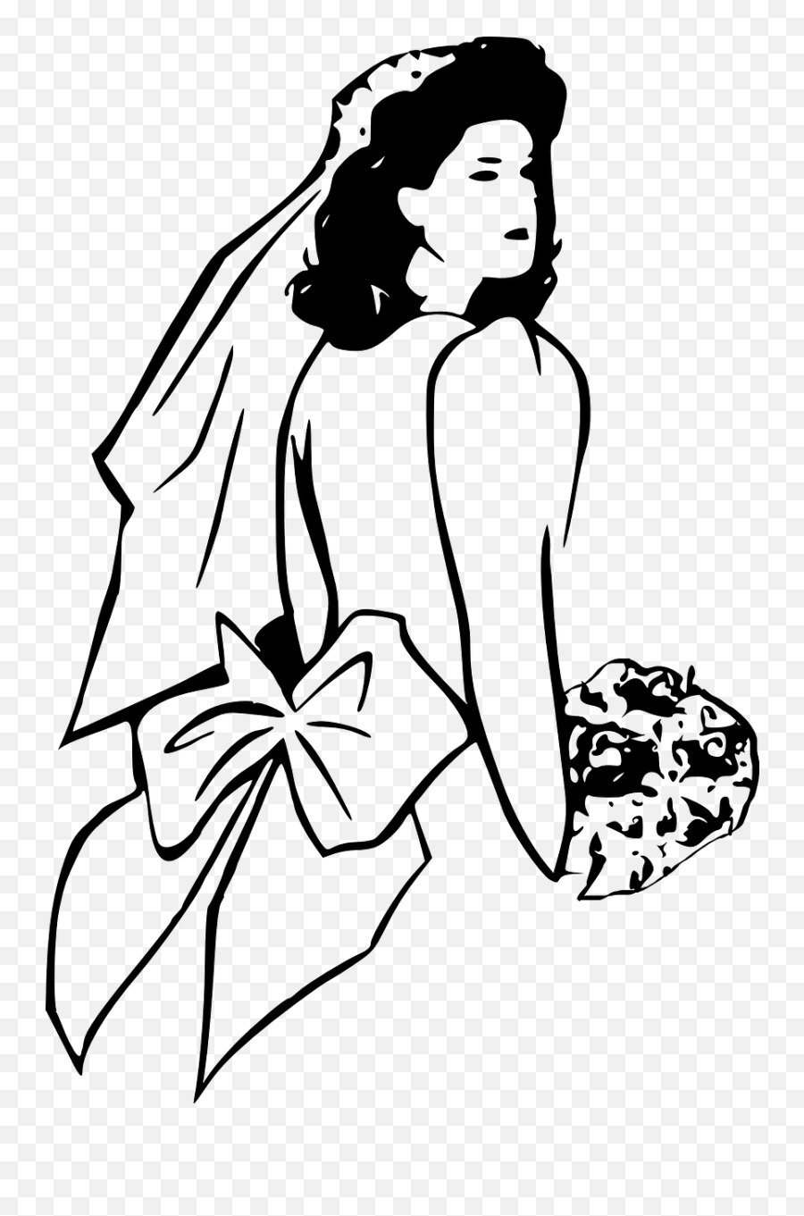 White Wedding Dress Veil Bouquet Bride Line Art Emoji,Black Rose