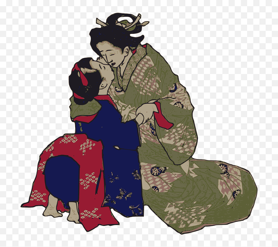 Geisha Hug Japan Kiss Women Geisha Kissing Emoji,Japanese Hug Emoji