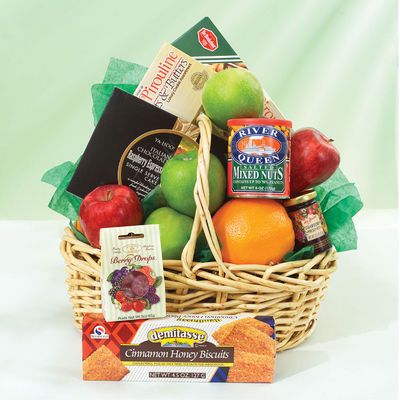 Fruit, Sweets and Treats Basket Storefront flowers shop; same day