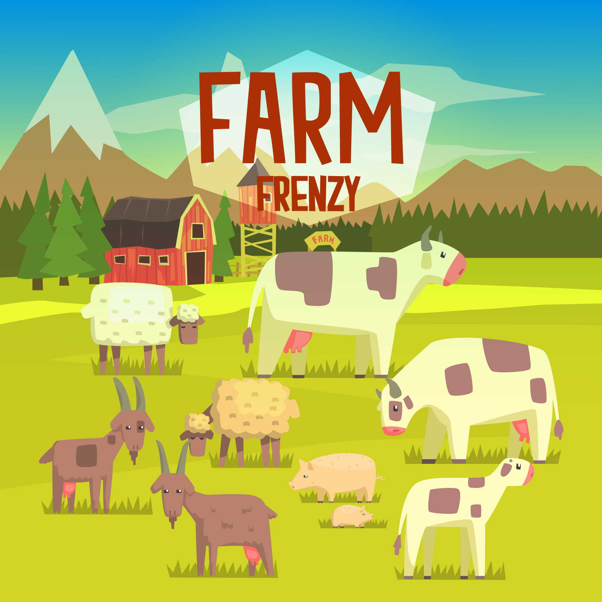 動物でいっぱいのフィールドを持つファームフレンジーイラスト プレミアムベクター