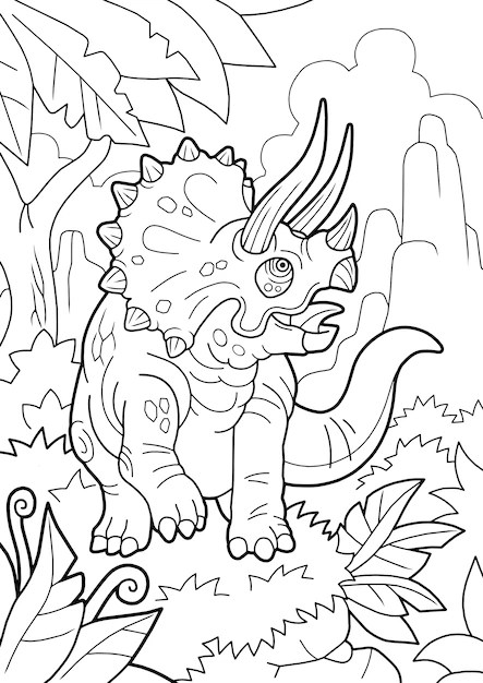 漫画の先史時代の恐竜トリケラトプス、塗り絵、面白いイラスト プレミアムベクター