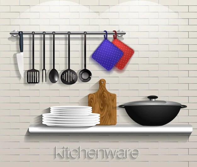 Premium Vector Kitchen tools with kitchenware on a brick background
