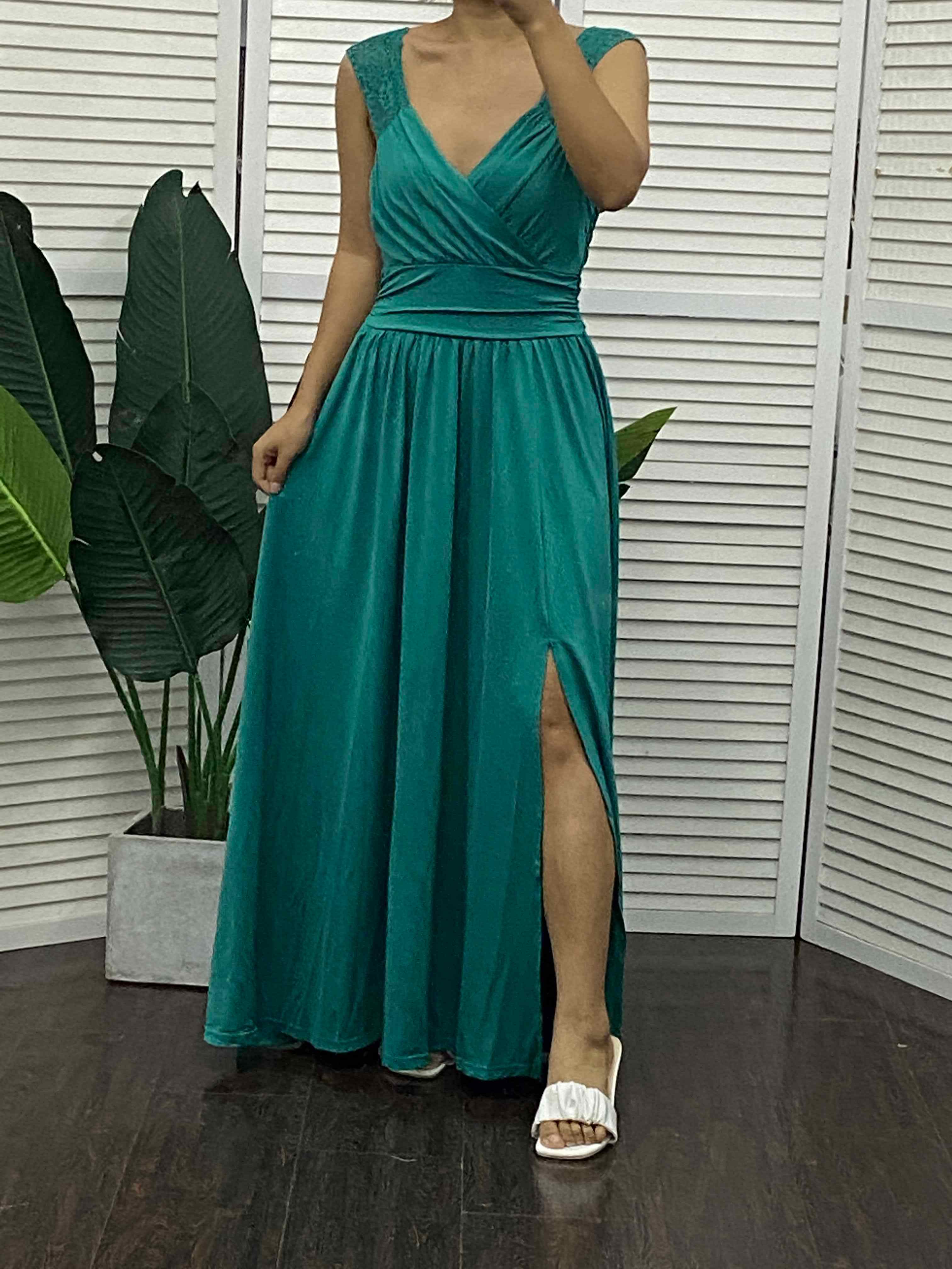 High Slit Crochet Lace Ruched Evening Dress