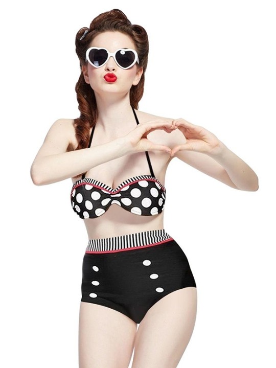 ON SALE BIKINI Vintage Bikini Polka Dots White Top Black High Waist