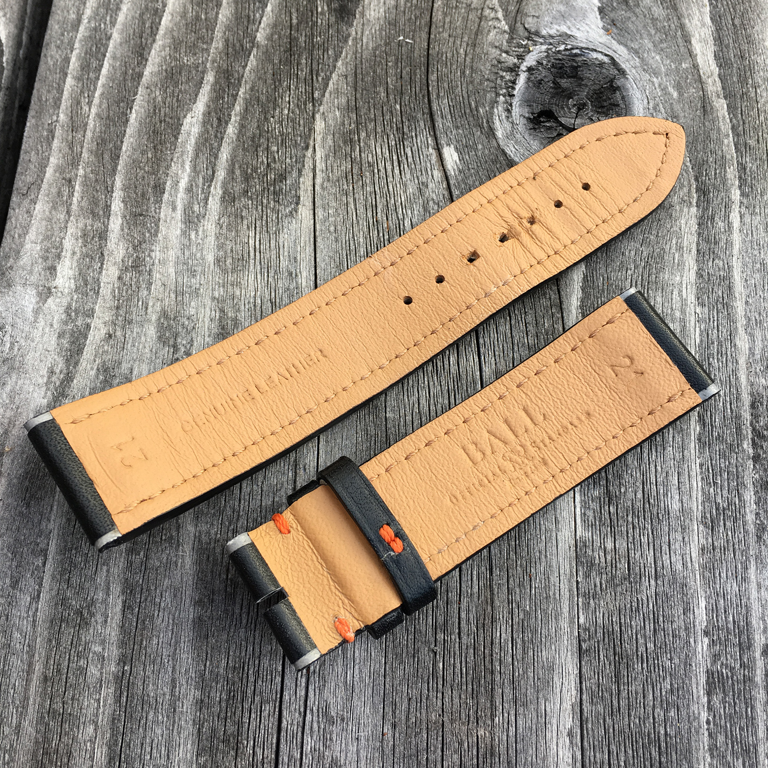 21mm Ball Watch Calfskin Strap Black/Gray with orange stitching