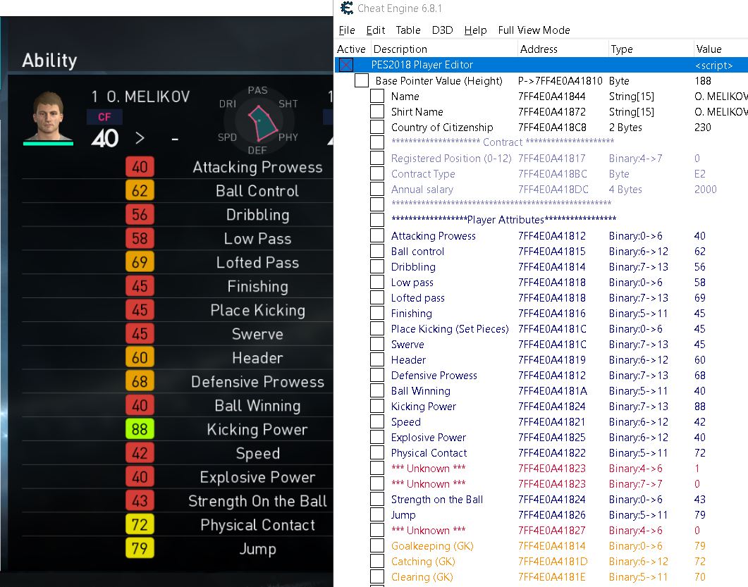 Pro Evolution Soccer 2018 Cheat Table update for 1.05.02 Data Pack 4.01