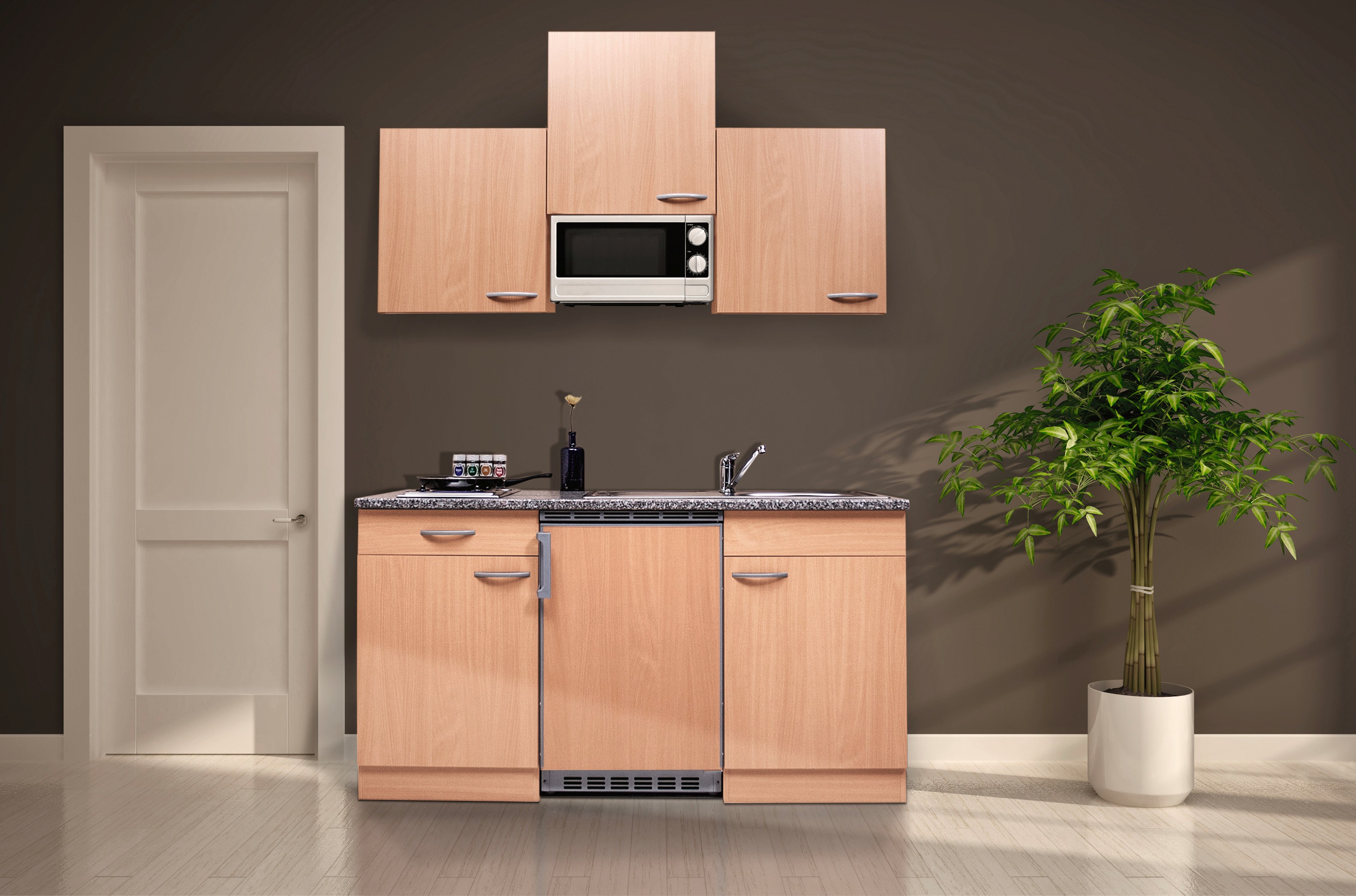 Miniküche Küche Singleküche Küchenzeile Einbau Küchenblock 150 cm Buche