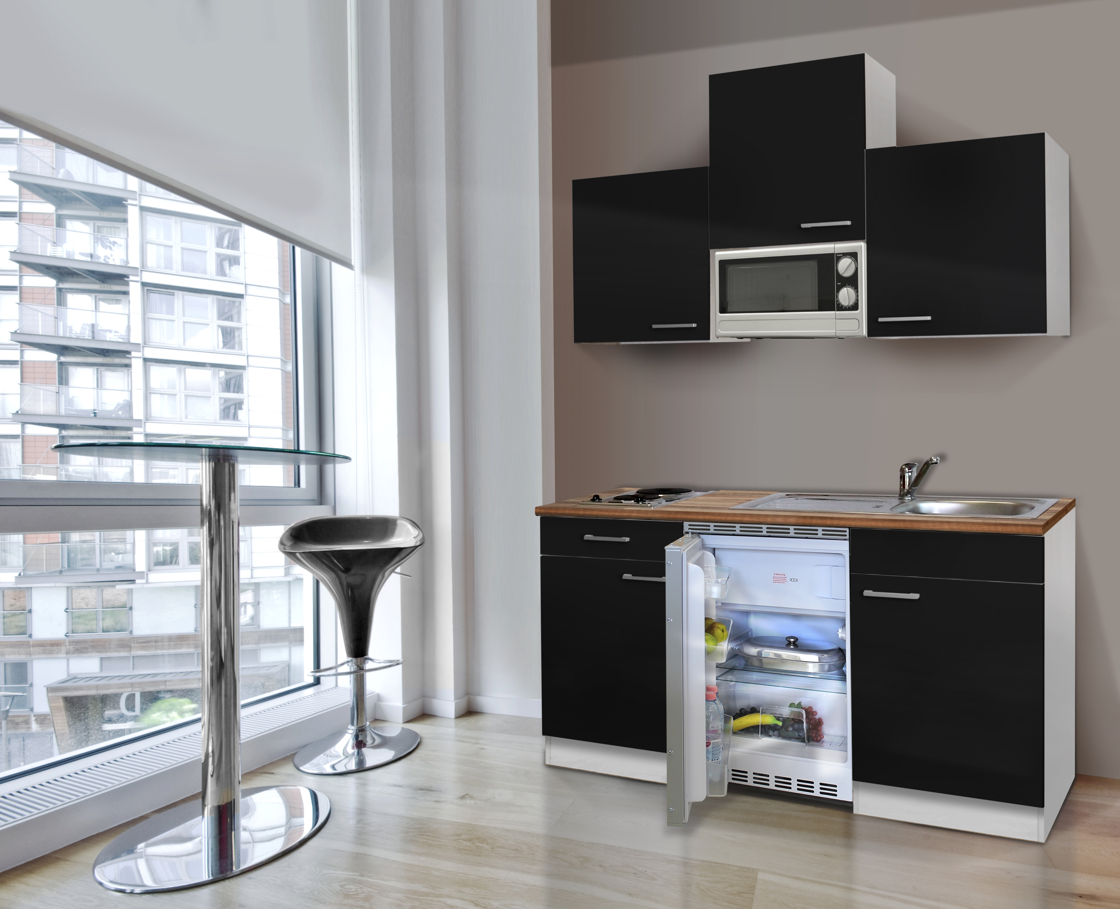 Miniküche Küche Singleküche Küchenzeile Küchenblock 150 cm weiß schwarz