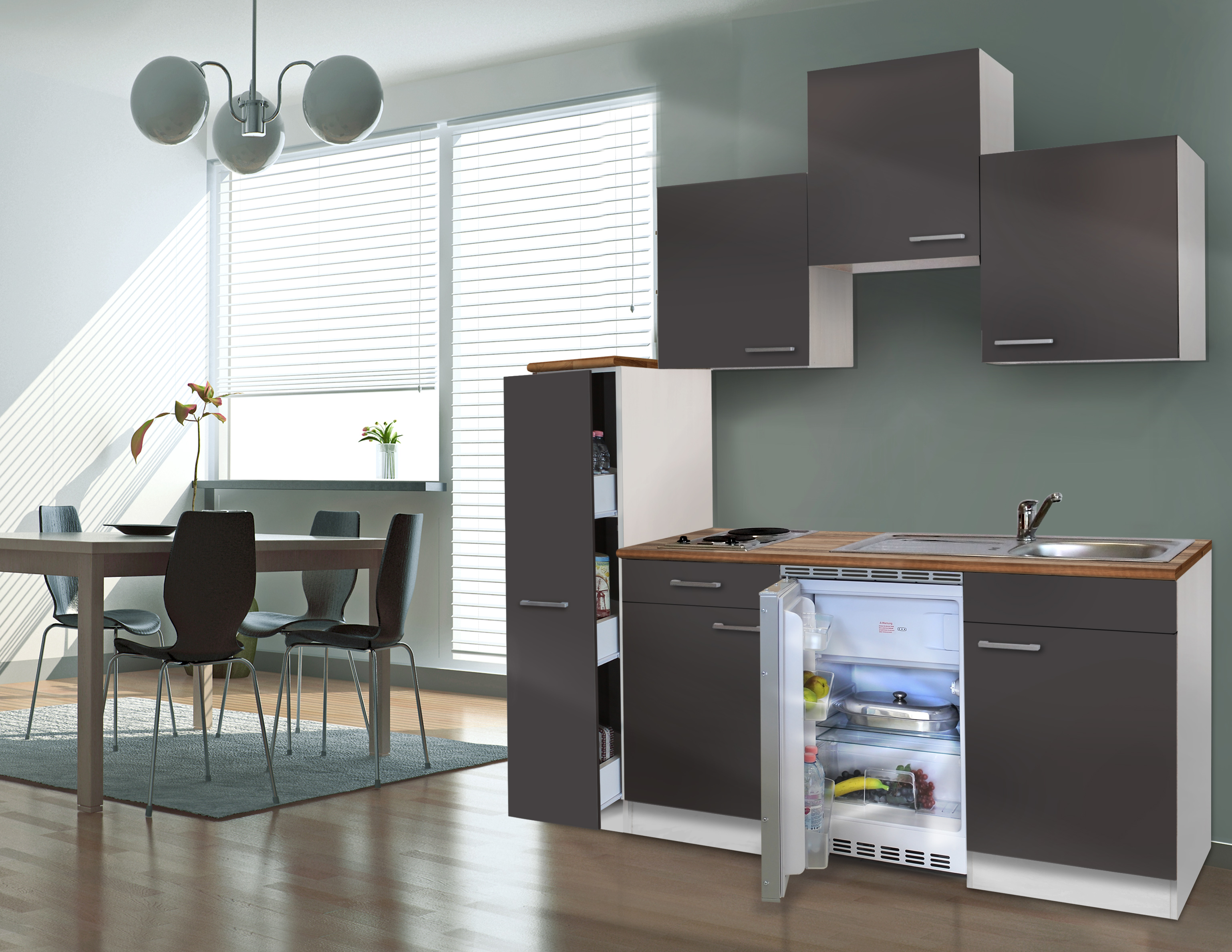 Küche Singleküche Küchenzeile Küchenblock Miniküche 180 cm weiß grau