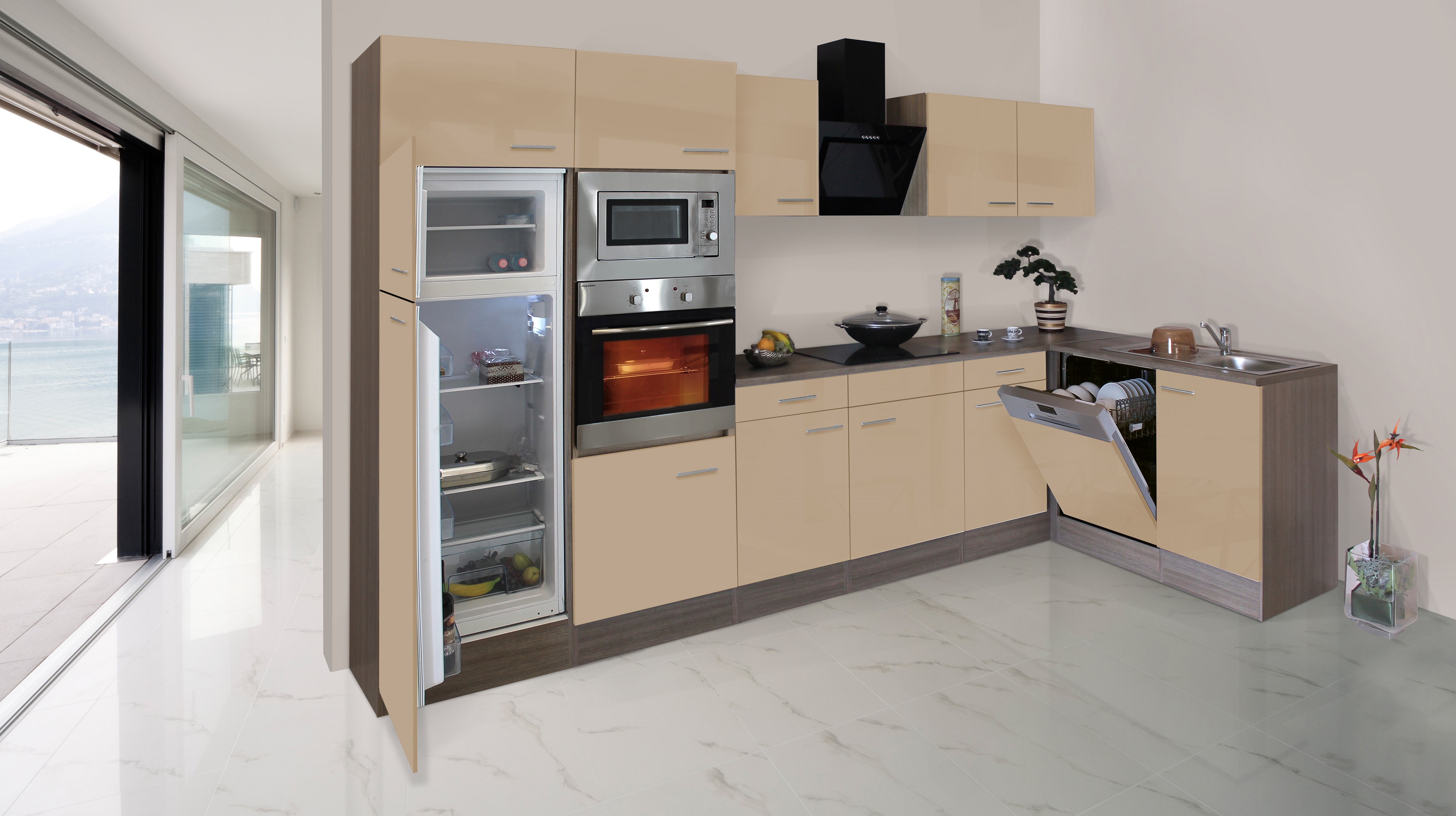 Küchenzeile Küche Winkelküche LForm Eiche York cappuccino 340x172cm