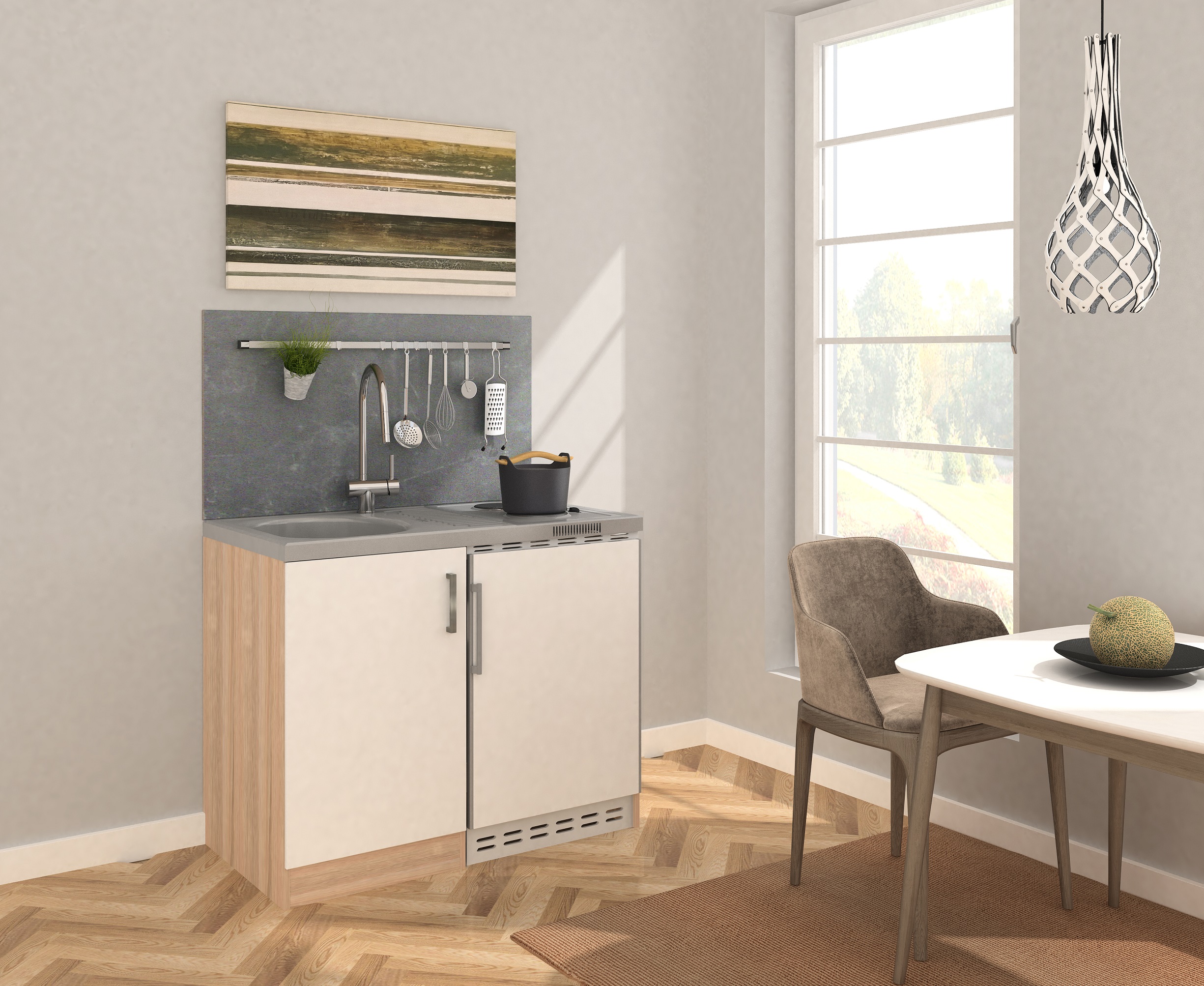 Mini Kitchen Kitchen Set Complete Unit 100 cm oak Rough Sawn White