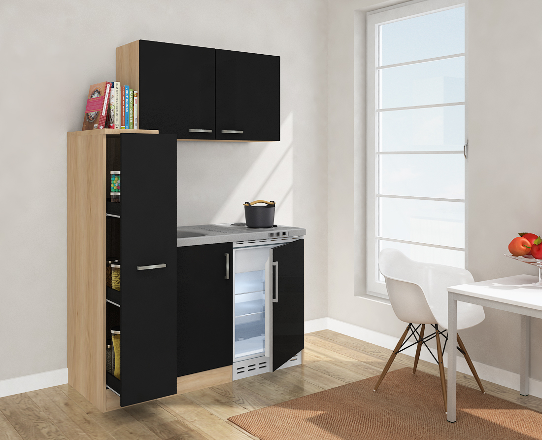 Singleküche Küchenzeile Küche Miniküche Küchenblock 130cm Eiche schwarz