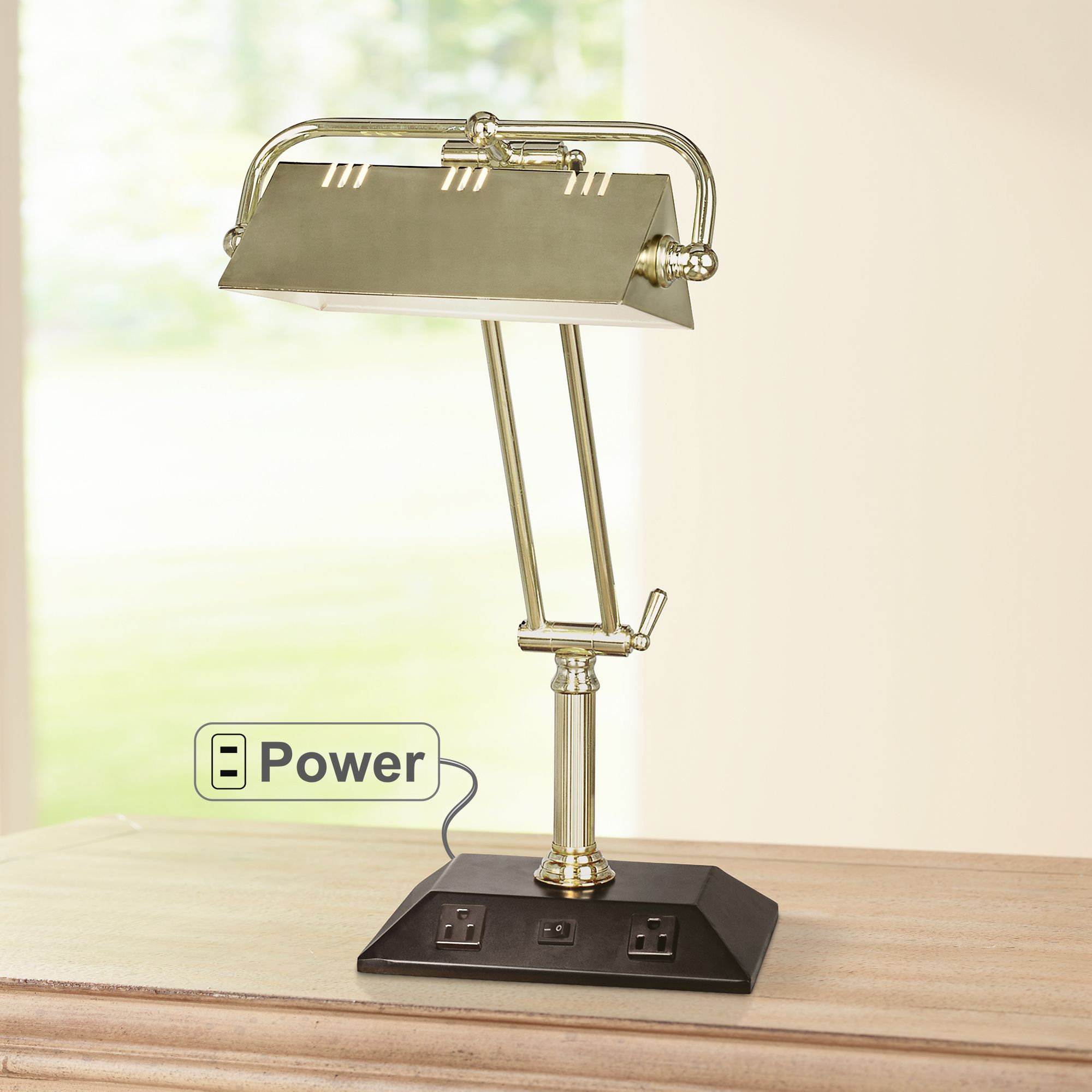 Market Satin Brass Adjustable Tech Desk Lamp with Outlets 10G97