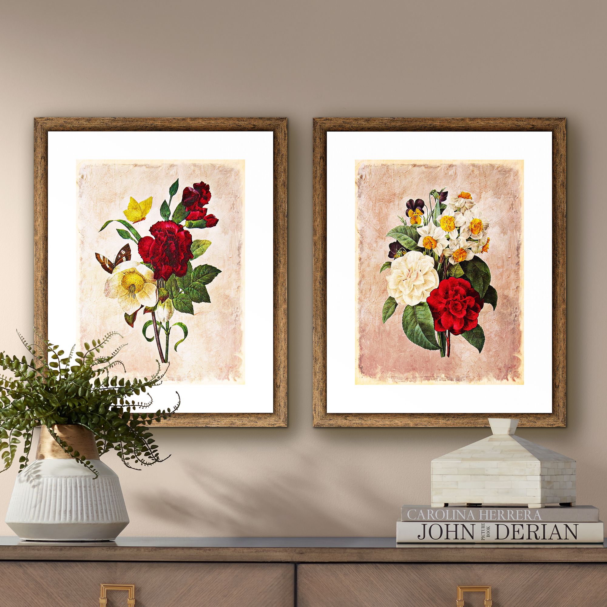 Vintage Bouquet 22" High 2Piece Framed Giclee Wall Art Set 12P19
